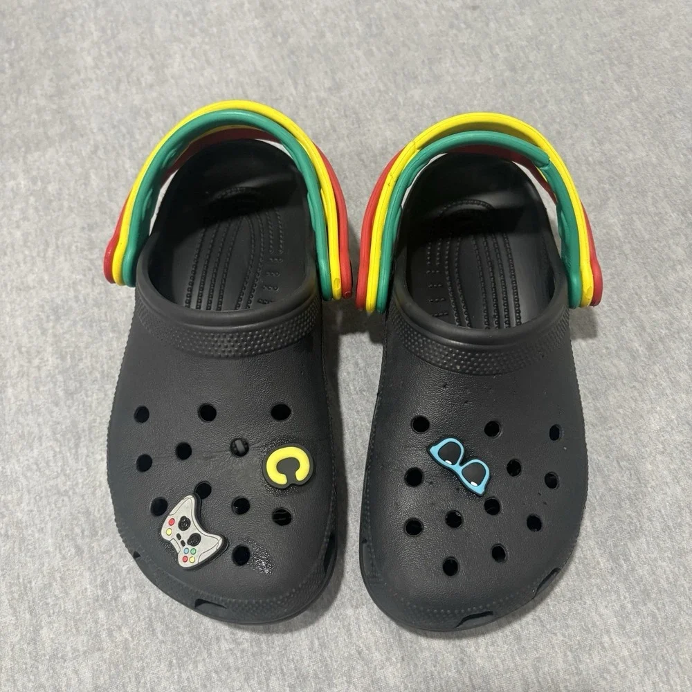Crocs Classic Clog Black Triple Strap Red Yellow Green Jibbitz Mens 4 Womens 6